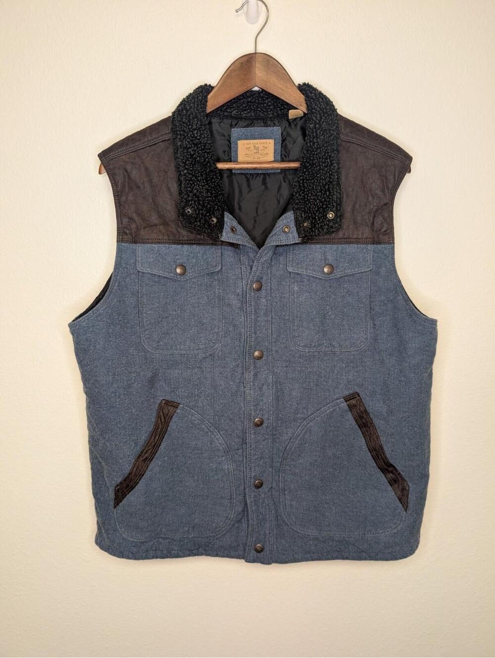 RedHead Ranch Vest Mens Size L Herringbone Lined Puffer Denim Sherpa Snap